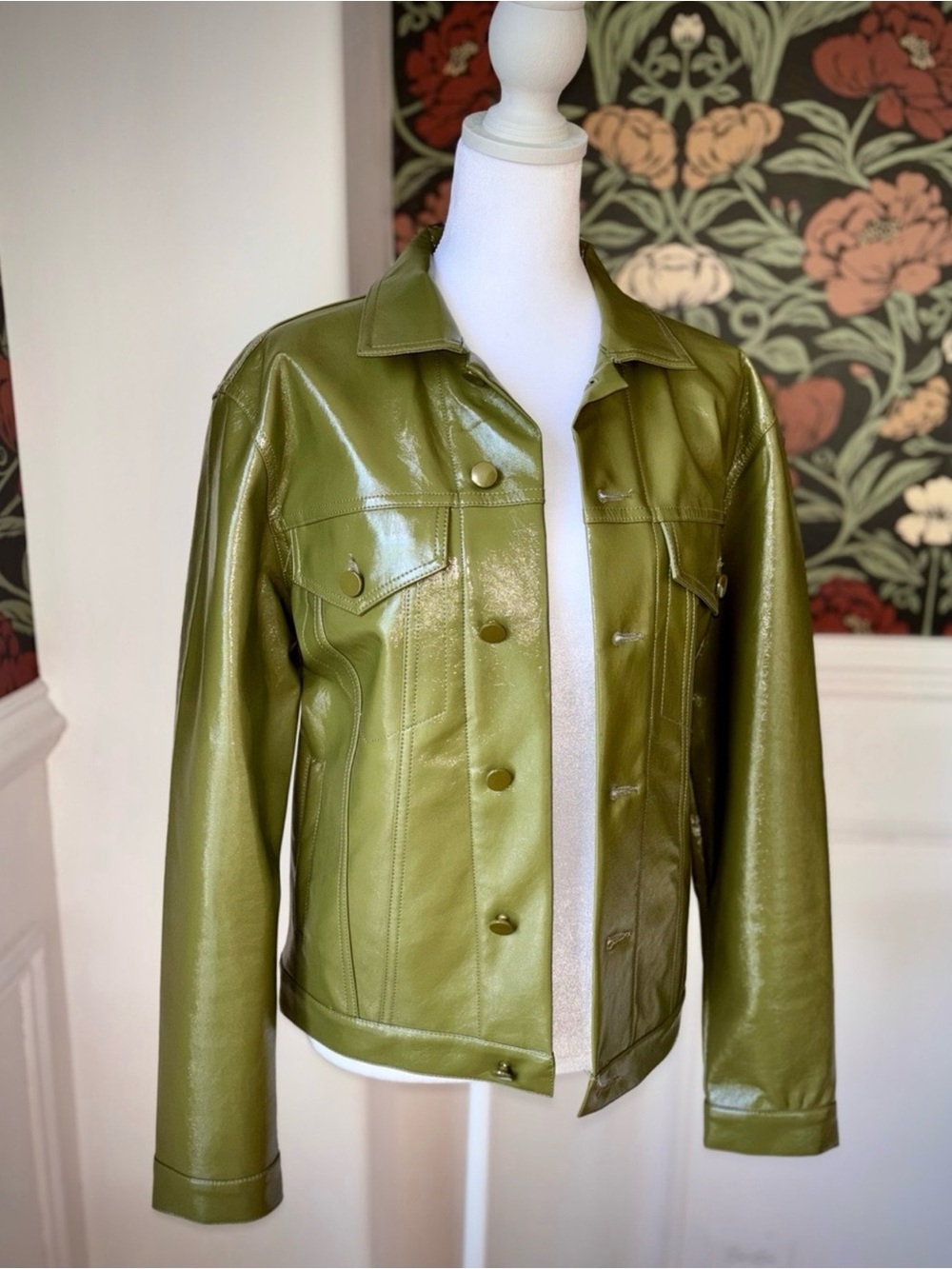 Industry Republic Clothing Olive Green Patent Faux Leather Trucker Jacket Moto